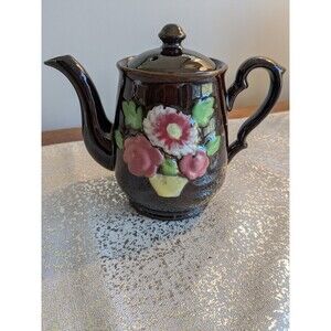 Vtg MCM Brown Luster 24 oz 6" Teapot w/ Embossed Hand-Painted Pink Flowers Japan